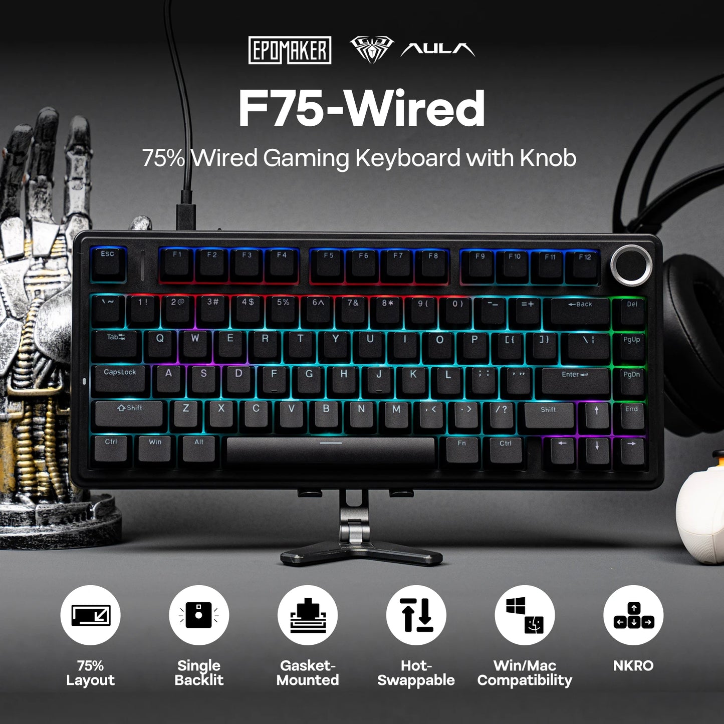 EPOMAKER x AULA F75 kabelgebundene mechanische Hot-Swap-Tastatur 75% ANSI US-Layout mit Gasket-Mount und Drehregler für Mac/WIN/Android