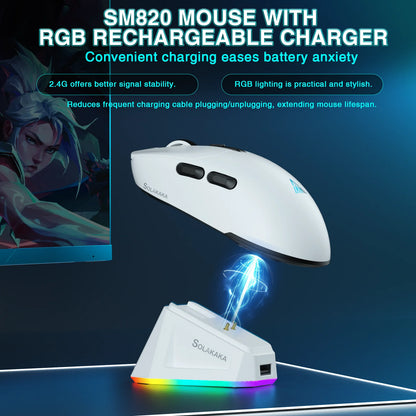 SOLAKAKA SM820 trijų režimų belaidė žaidimų pelė su magnetine įkrovimo stotele, RGB, PAW3311, 24000DPI, belaidė makrokomandų žaidimų pelė, itin lengva