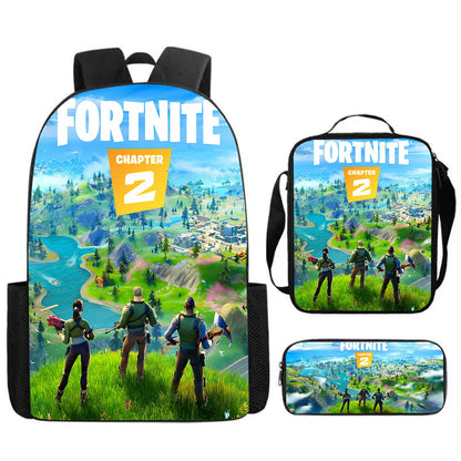 Fortnite Cartoon 3-teiliges Set, großes Fassungsvermögen, geeignet für Jungen und Mädchen von 5-8 Jahren, inklusive Rucksack, Lunchbag und Federmäppchen
