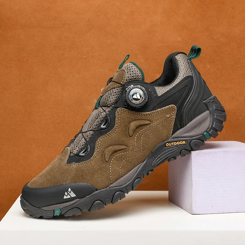 HIKEUP Leather Men's Outdoor Hiking Shoes Tourist Trekking Sneakers Mountain Climbing Trail Jogging Shoes with Turnbuckle