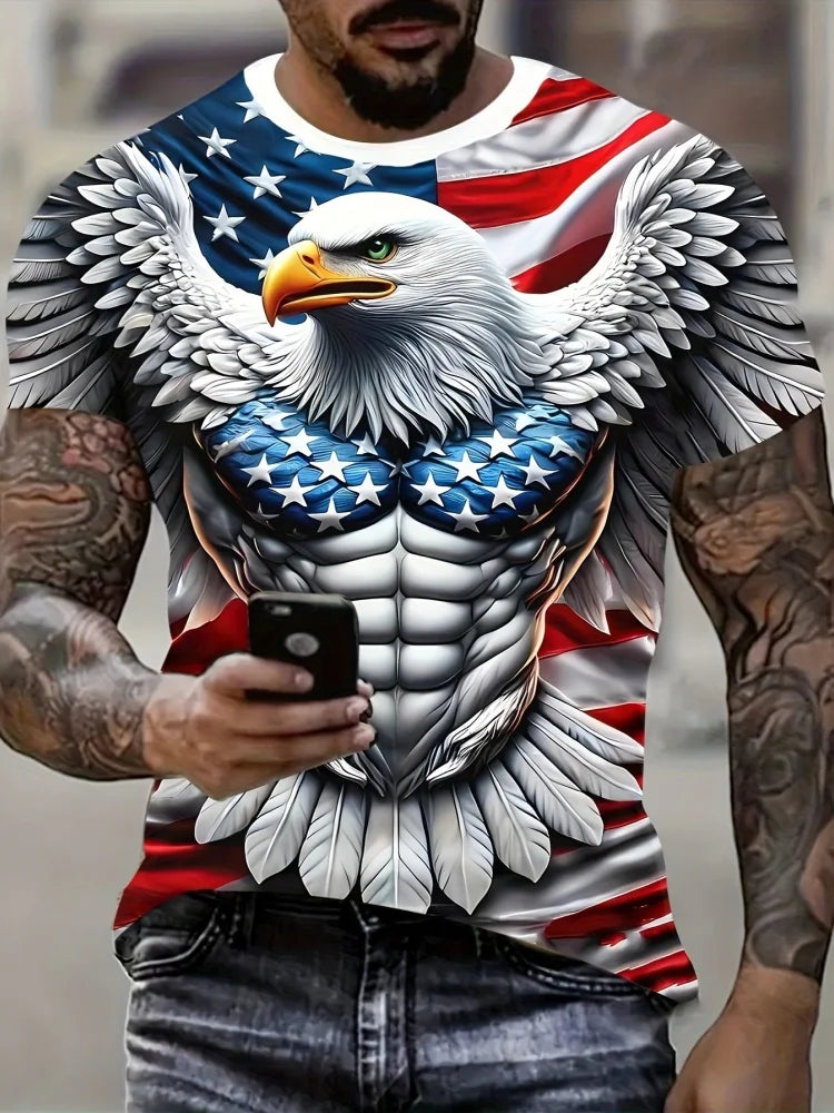 Patriotisches Herren-T-Shirt mit 3D-Adlerprint, lässiger Rundhalsausschnitt, kurzärmeliger Pullover für Sommermode und Outdoor-Aktivitäten, Herrenbekleidung