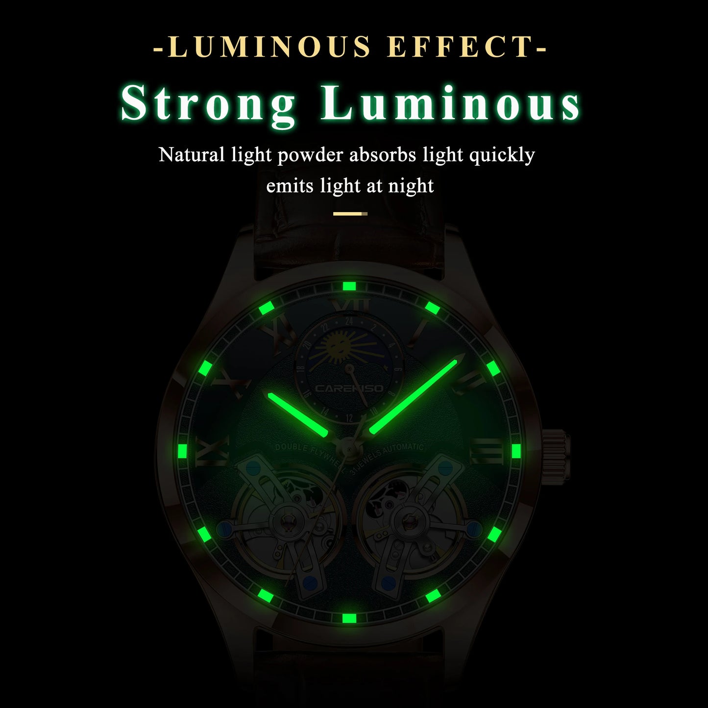 CAREKISO Fashion Men Clock Double Hollow Tourbillon Automatic Mechanical Man Watch Waterproof Luminous Leather Men's Watches+Box