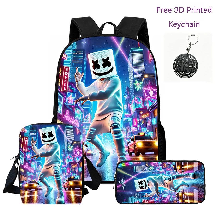 3-teiliges Kinder-Rucksack-Set, Umhängetasche & Federmäppchen, FORTNITE-Cartoon-Tasche, leicht, für Jungen und Mädchen von 6-10, kostenloser 3D-gedruckter Schlüsselanhänger