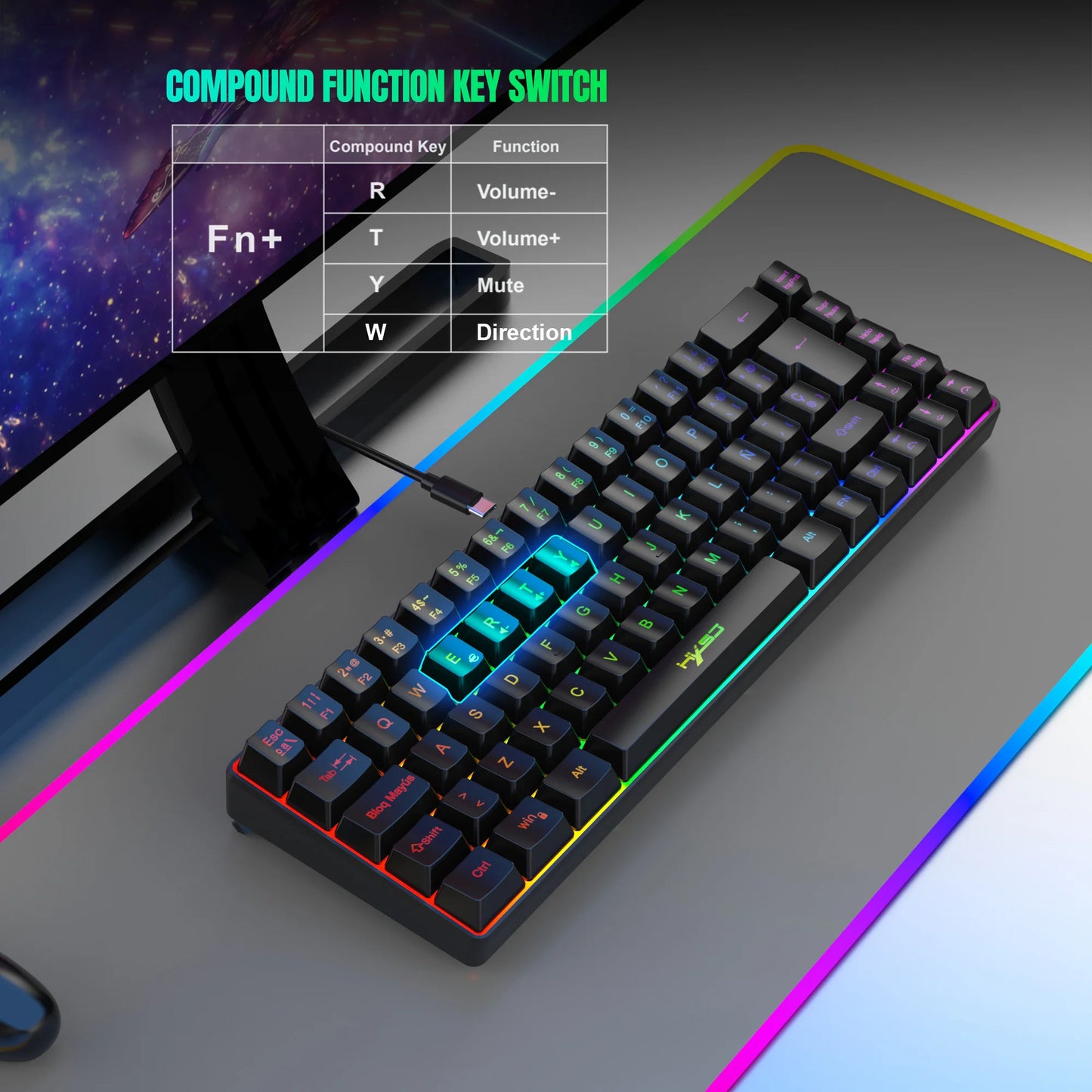 Hot Sale! Spanische kabelgebundene Gaming-Tastatur mit 69 Tasten und RGB-Hintergrundbeleuchtung, kompaktes 68%-Design, ein unverzichtbares Gadget für Büroangestellte und Gamer