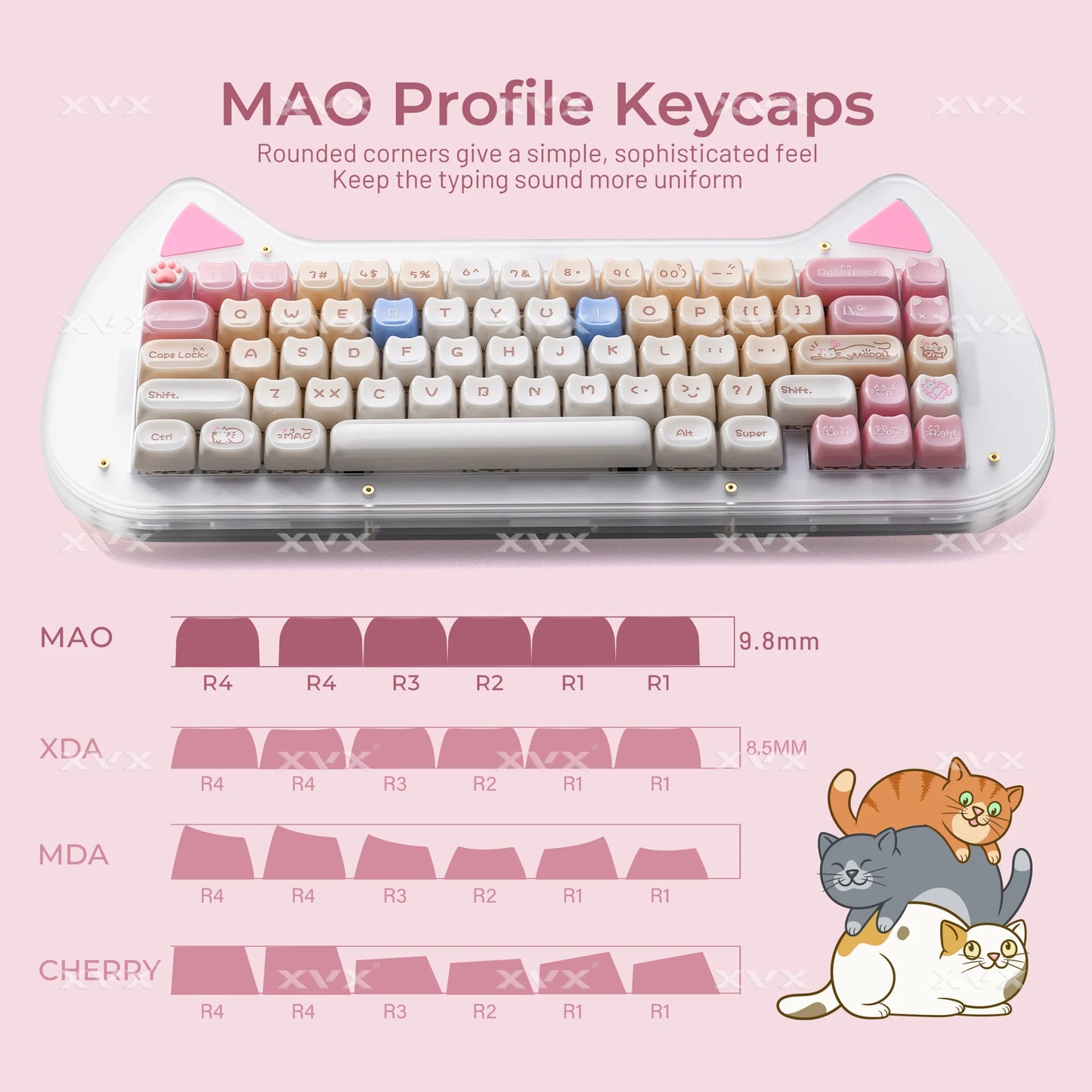 Keycaps XVX 148 Teclas Tema Gato Perfil MAO Keycap Coreana Brilhante e Fofa para Teclado 61 64 68 78 87 96 98 104 108