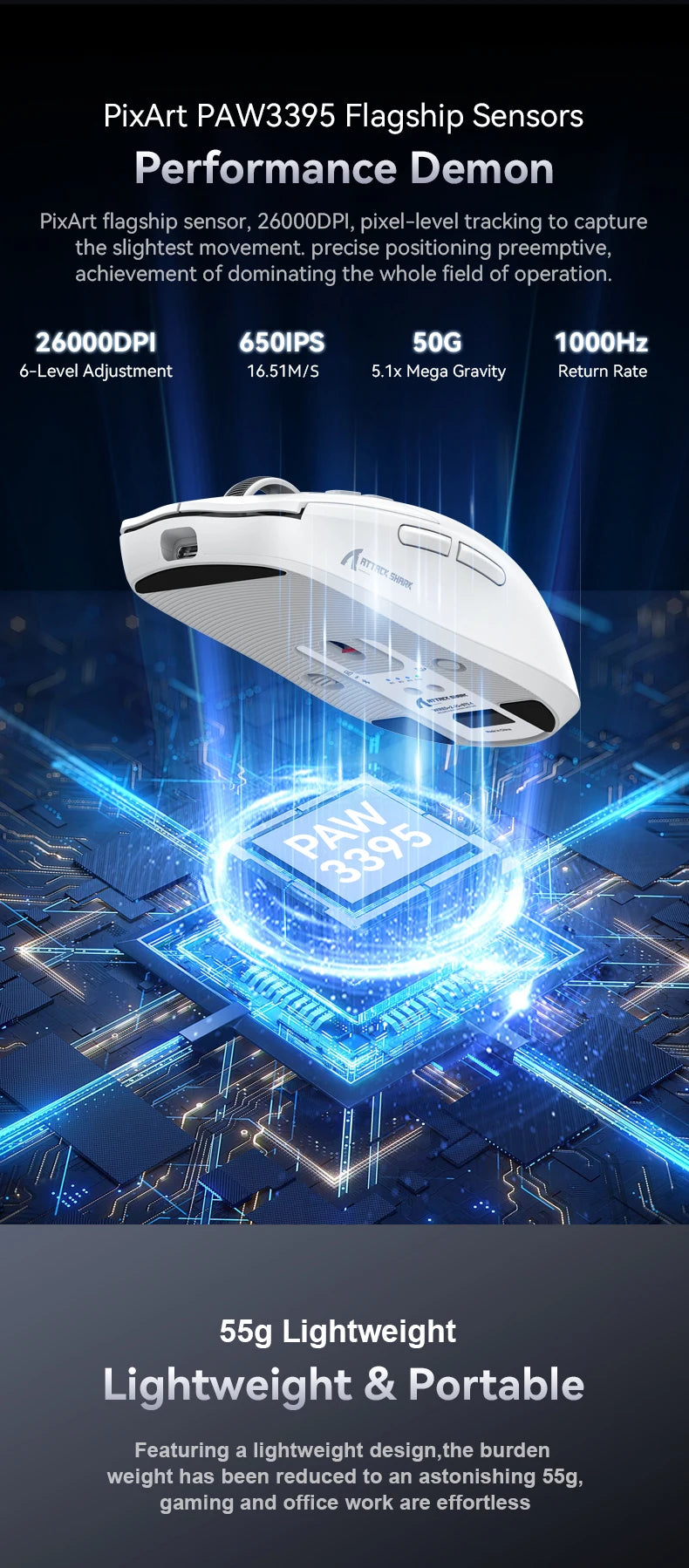 Attack Shark X6 Lightweight Wireless Gaming Mouse with 3 Mode Up to 26K DPI RGB Backlight Charging Base for Laptop Desktop