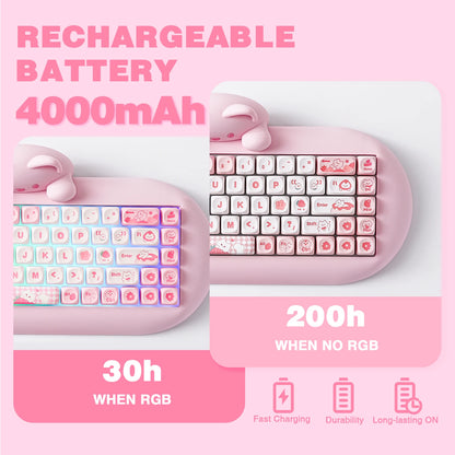 YUNZII C68 Pink 65% Hi-Fi Cute Cat Silicone Hot Swap NKRO Ergonomic Wireless BT5.0/2.4G/Wired RGB Mechanical Gaming Keyboard