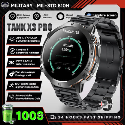 2026 New Military TANK X3 Smartwatch für Herren, 1000mAh Akku, 10ATM wasserdicht zum Schwimmen, GPS-Route, 1.75" AMOLED HD, Anrufe, Sport-Smartwatch