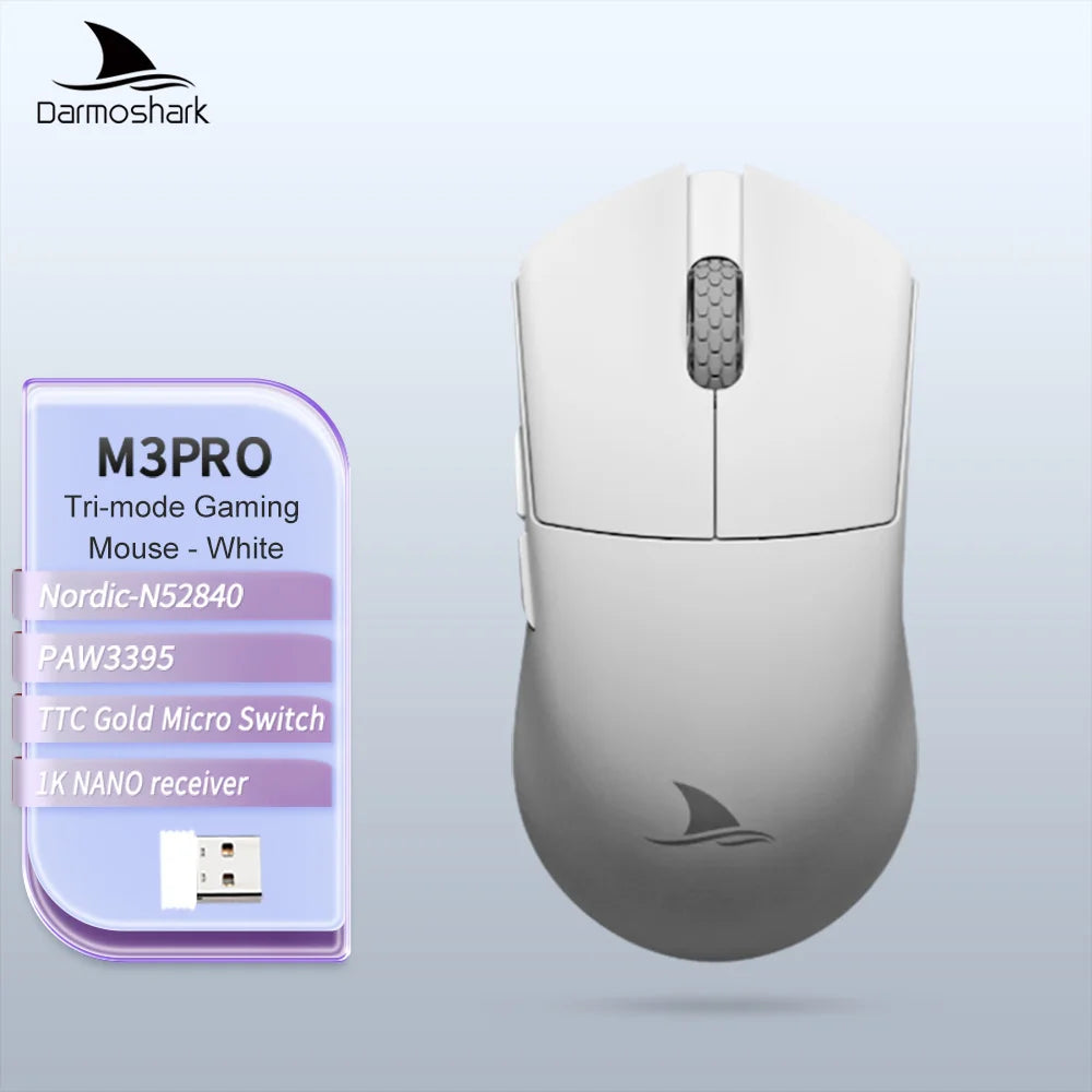 Darmoshark M3Pro Gaming Mouse 2.4G BT Wireless Tri-Mode PAW3395 Sensor N52840 26000DPI Big Hand Macro Driver Mouse For Gaming
