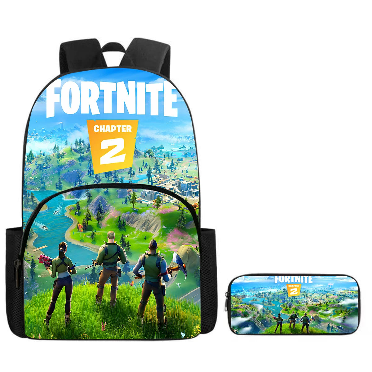 Zaino Fortnite Cartoon con tasca frontale e astuccio 2 pz - Set scolastico per bambini e bambine dai 5 agli 8 anni, regalo per il rientro a scuola