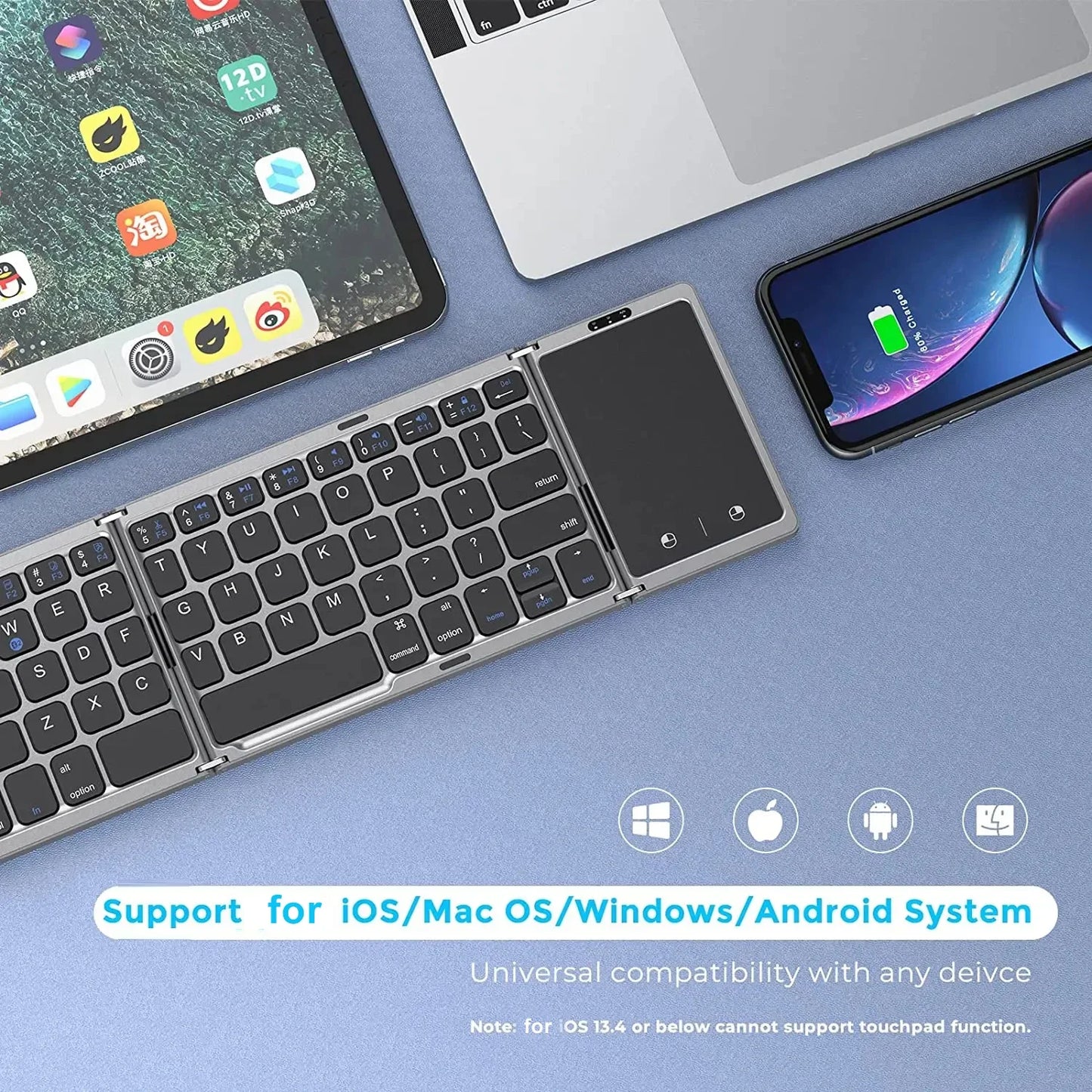 Dual Bluetooth 5.1 Keyboard 3-Folding Mini Keyboard Rechargeable Foldable Keyboard with Touchpad for Windows Android IOS iPad