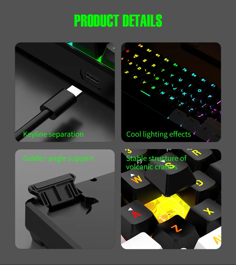 Wasserdichte mechanische 61-Tasten-Tastatur mit Kabel in Weiß, mit schwarzen und blauen Switches, RGB-beleuchtet – Gaming- und Office-Set, PUBG Gamer Backlit