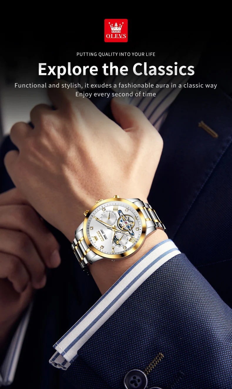 OLEVS Men's Watches Moon Phase Hollow Flywheel Exclusive Original Automatic Mechanical Watches For Men Luxury Man Watch New 7029