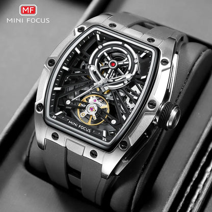 MINI FOCUS Herren-Armbanduhr, modisch, schwarz, wasserdicht, automatische mechanische Uhr mit Leuchtzeigern, Silikonarmband und Tonneau-Zifferblatt