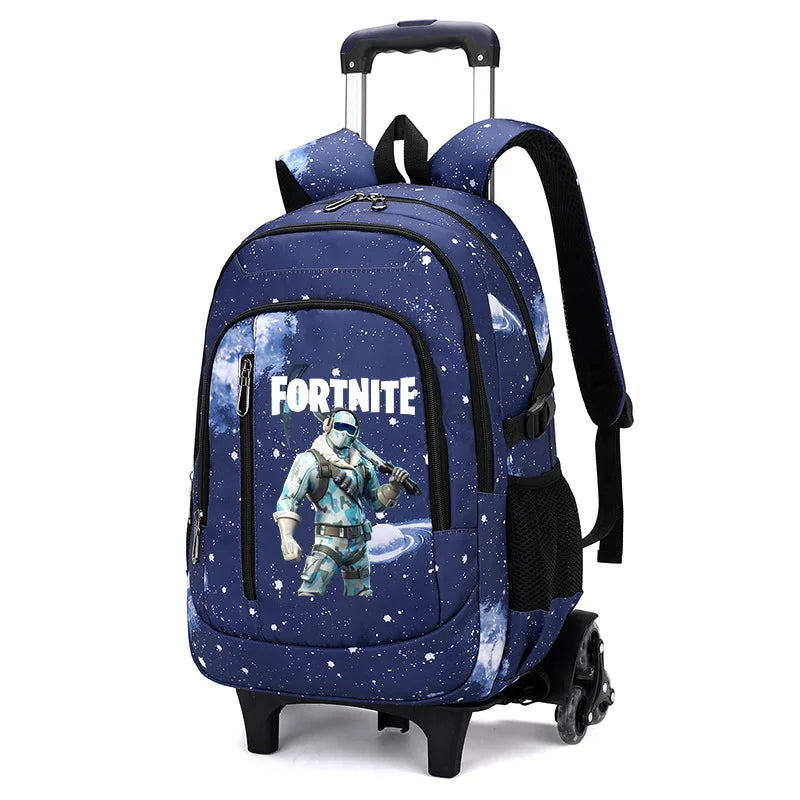 Mochila trolley 2 en 1 Fortnite con estampado de cielo estrellado, gran capacidad, impermeable, compartimento para portátil, diseño para subir escaleras, mochila escolar para estudiantes