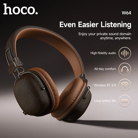 HOCO W64 Retro Bluetooth 5.4 Wireless Headphones with 40mm Deep Bass, PU Leather Over-Ear HiFi Music Headset for Sports & Travel