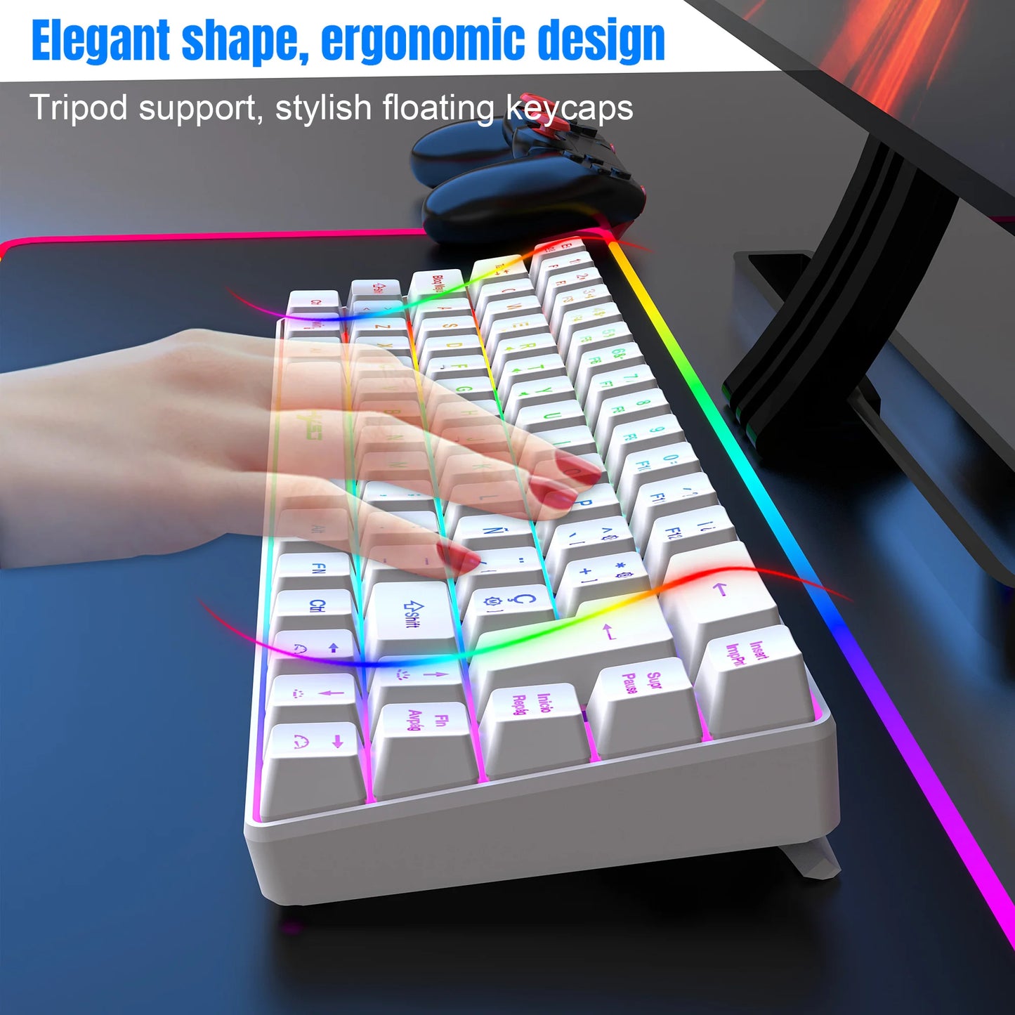 Hot Sale! Spanische kabelgebundene Gaming-Tastatur mit 69 Tasten und RGB-Hintergrundbeleuchtung, kompaktes 68%-Design, ein unverzichtbares Gadget für Büroangestellte und Gamer