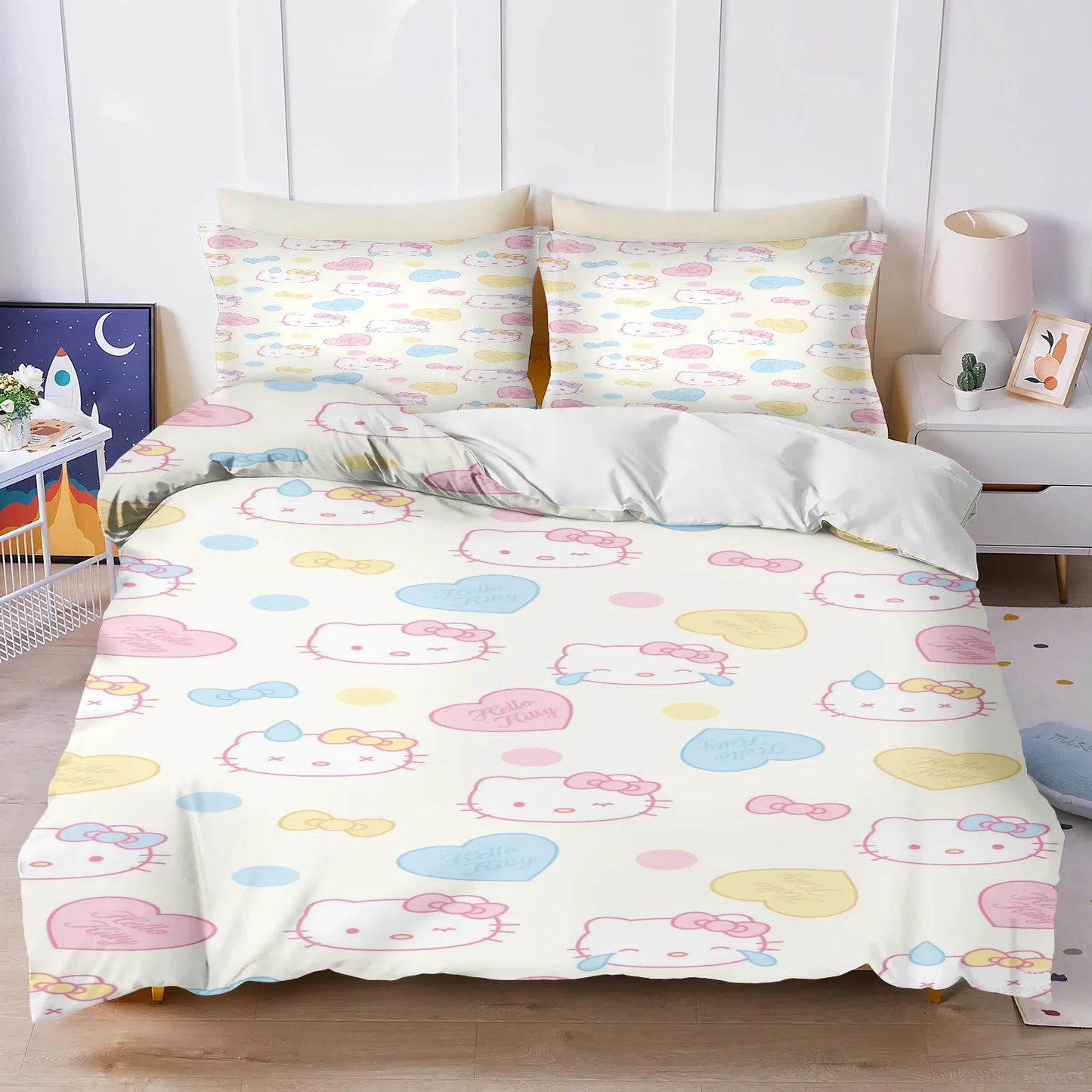 Hello Kitty Bettbezug-Set, 3D-Kinderbettwäsche, 3-teilig, 1 Bettdeckenbezug, King Size