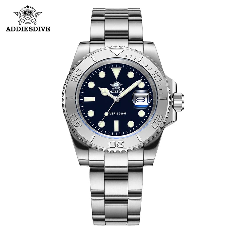 ADDIESDIVE Men's Quartz Watch 200m Waterproof Ceramic Bezel Steel Watch Magnifying Mirror Glass BGW9 Blue Luminous Diving Watch