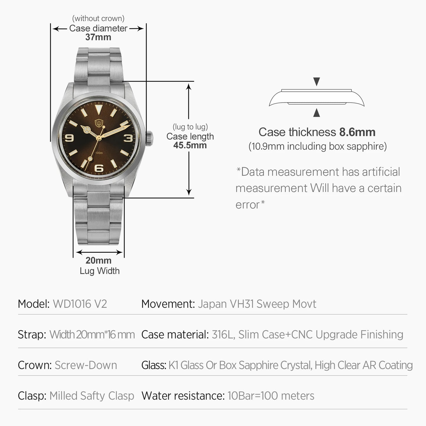 Watchdives WD1016 V3 37mm Uhr mit VH31 Sweep-Uhrwerk, Edelstahlgehäuse, luxuriösem Saphirglas, 100m wasserdicht, Herrenuhr mit Box, ideales Geschenk