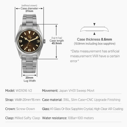 Watchdives WD1016 V3 37mm Uhr mit VH31 Sweep-Uhrwerk, Edelstahlgehäuse, luxuriösem Saphirglas, 100m wasserdicht, Herrenuhr mit Box, ideales Geschenk