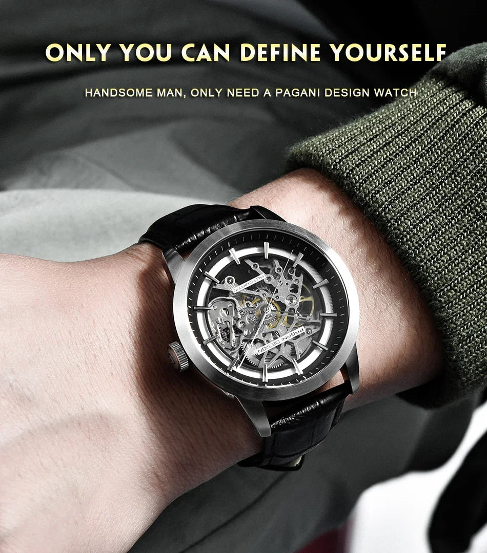 PAGANI DESIGN Business Man Watch Luxury Skeleton Hollow Leather Men's Wristwatch New Mechanical Male Clock