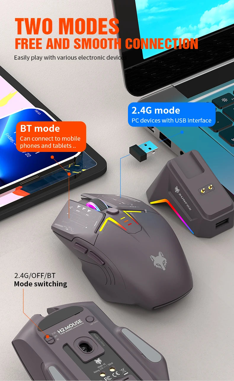 Ratón XUNSVFOX H2 inalámbrico Bluetooth de doble modo con iluminación RGB, para portátil, gaming y oficina, con carga magnética