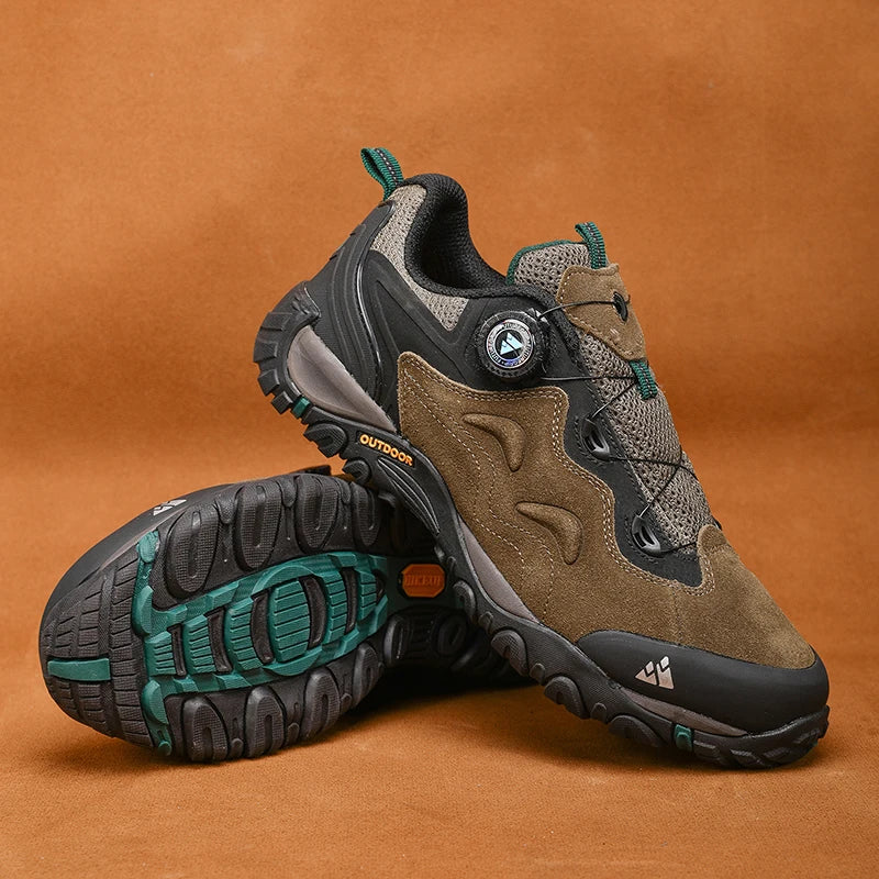 HIKEUP Leather Men's Outdoor Hiking Shoes Tourist Trekking Sneakers Mountain Climbing Trail Jogging Shoes with Turnbuckle