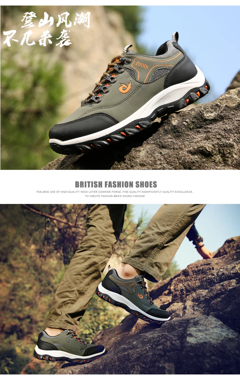 Autumn and Winter Men's Waterproof Hiking Shoes, Outdoor PU Leather Sports Shoes, Wear-Resistant, Walking, Tactical
