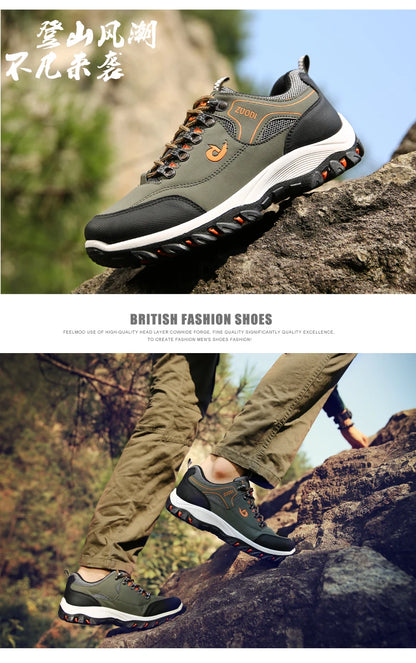 Autumn and Winter Men's Waterproof Hiking Shoes, Outdoor PU Leather Sports Shoes, Wear-Resistant, Walking, Tactical