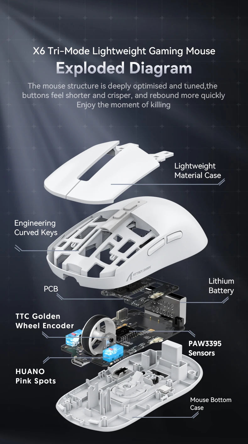 Attack Shark X6 Lightweight Wireless Gaming Mouse with 3 Mode Up to 26K DPI RGB Backlight Charging Base for Laptop Desktop