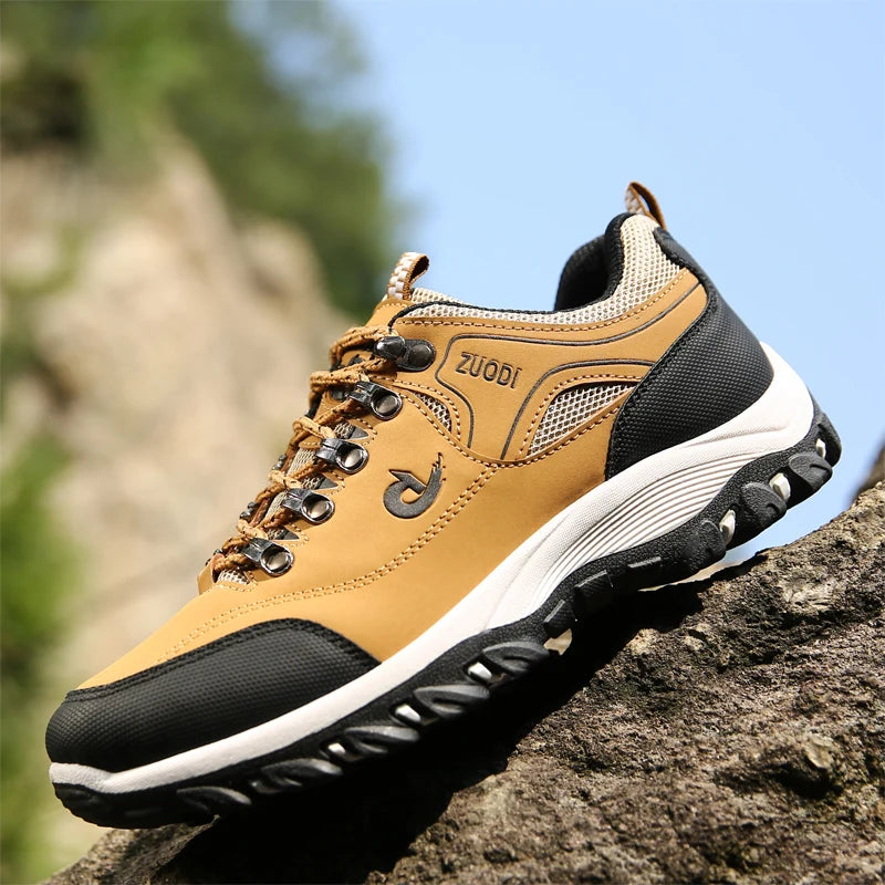 Autumn and Winter Men's Waterproof Hiking Shoes, Outdoor PU Leather Sports Shoes, Wear-Resistant, Walking, Tactical