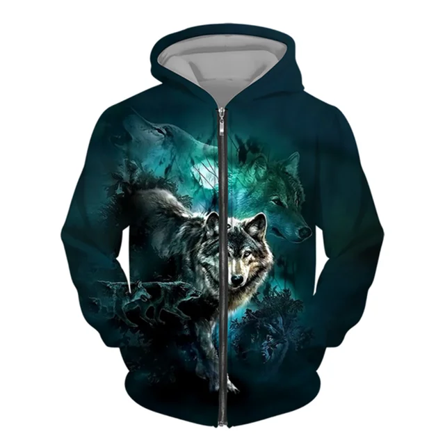 3D Wolf Print Men's Zipper Hoodies Fashion Animal Pattern Top Coat Street Punk Style Oversized Sweatshirts Outdoor Leisure Jackets