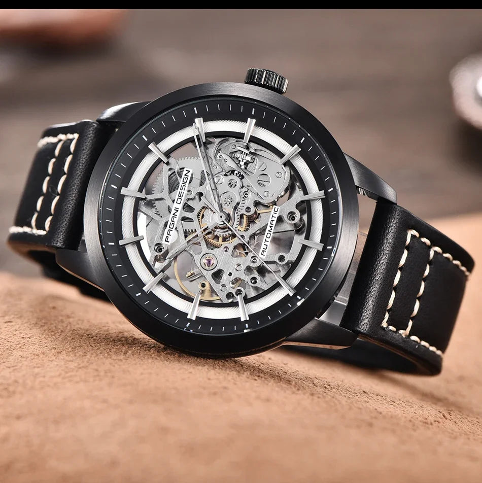 PAGANI DESIGN Business Man Watch Luxury Skeleton Hollow Leather Men's Wristwatch New Mechanical Male Clock