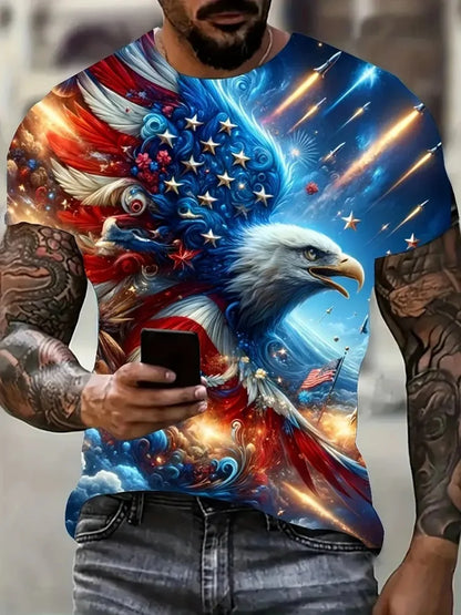 Patriotisches Herren-T-Shirt mit 3D-Adlerprint, lässiger Rundhalsausschnitt, kurzärmeliger Pullover für Sommermode und Outdoor-Aktivitäten, Herrenbekleidung