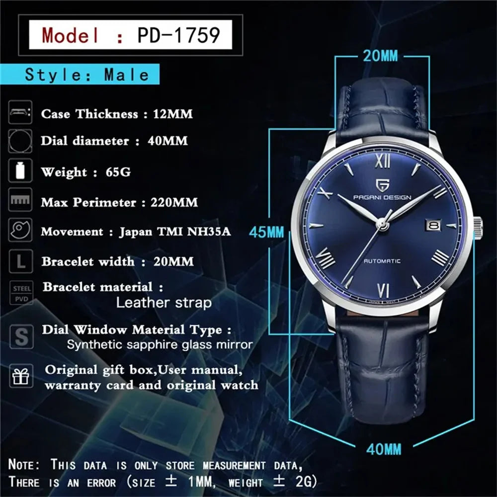 PAGANI DESIGN 40MM Pilot Men's Mechanical Watch Luxury Sapphire Glass Automatic Watch 100M Waterproof NH35 Wristwatch for Men