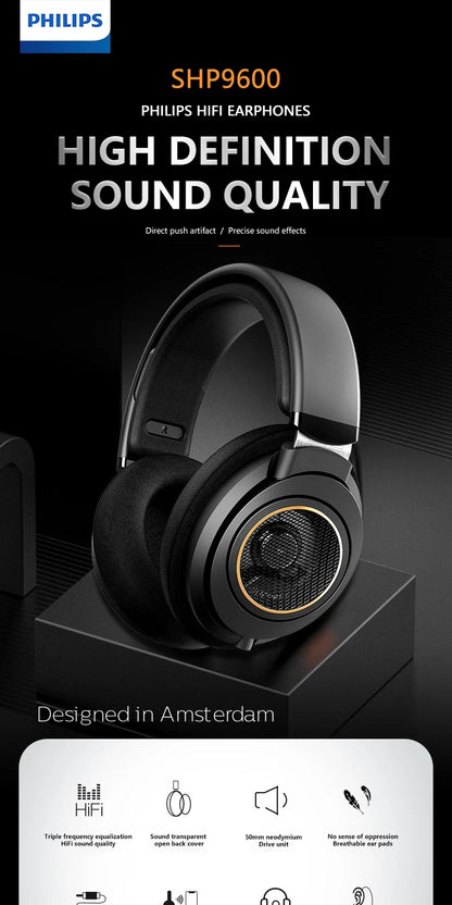 Original PHILIPS SHP9600 Wired Head-mounted Headphone HIFI Stereo Gaming Earphone 3.5mm 6.3mm Universal SHP9500 Upgrade Headset