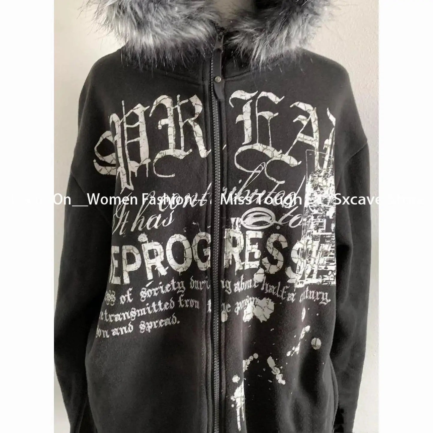 American Vintage Black Faux Fur Sweatshirts Women Letter Printed Subculture Coats with Hooded Female Gothic Harajuku Jackets Y2k