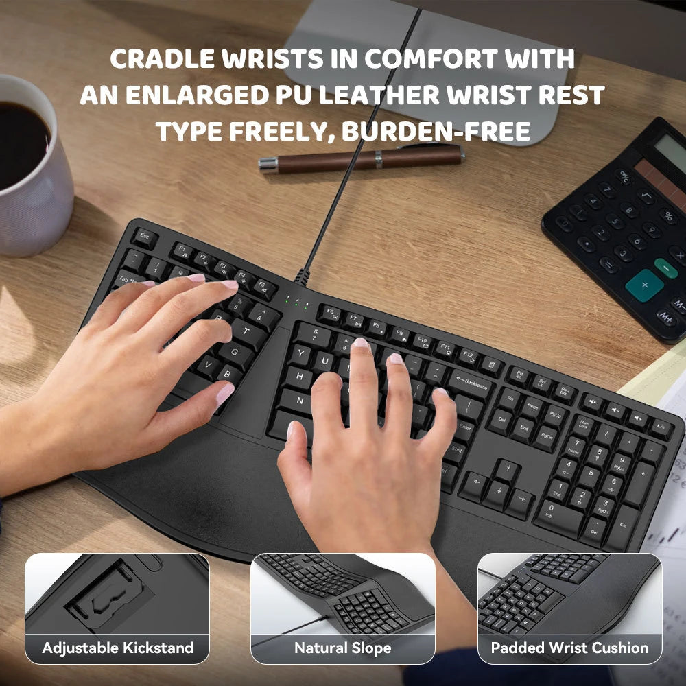 Tastiera ergonomica cablata USB K9 divisa, tastiera ergonomica con poggiapolsi, 110 tasti, tastiera gaming per uffici professionali