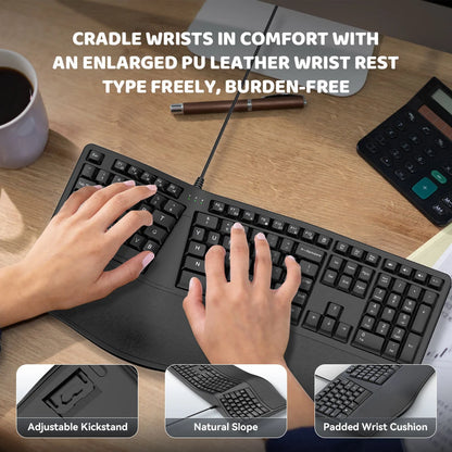Tastiera ergonomica cablata USB K9 divisa, tastiera ergonomica con poggiapolsi, 110 tasti, tastiera gaming per uffici professionali