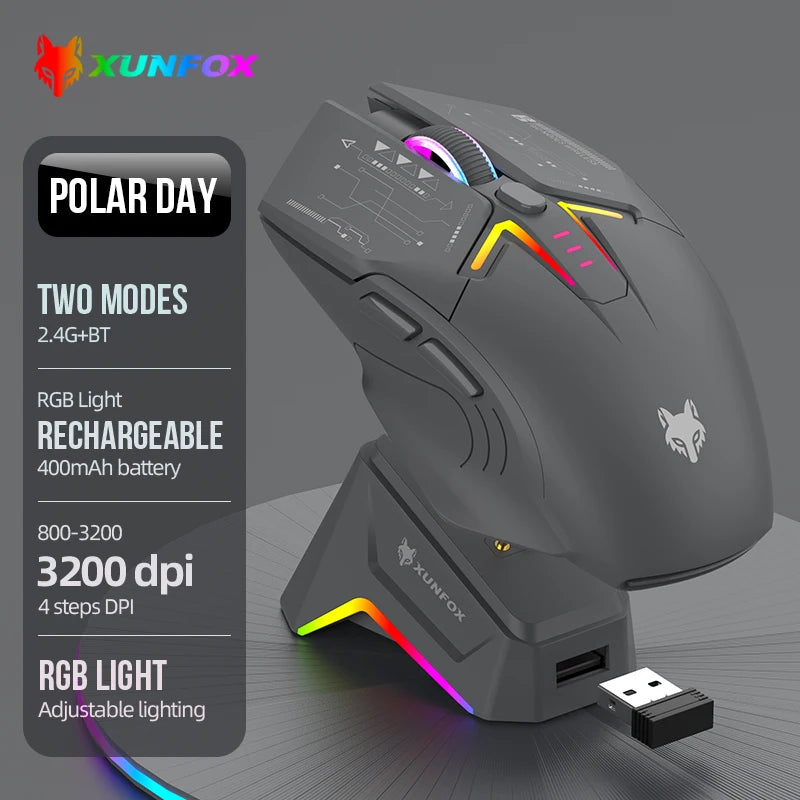 Ratón XUNSVFOX H2 inalámbrico Bluetooth de doble modo con iluminación RGB, para portátil, gaming y oficina, con carga magnética