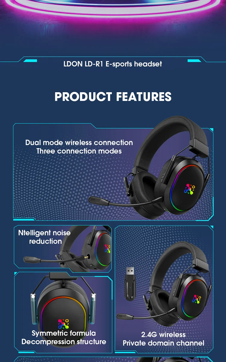 LDON kabelloses Gaming-Headset PS5 PS4 Bluetooth 2.4GHz Kopfhörer 3D-Surround-Sound Noise-Cancelling-Mikrofon niedrige Latenz