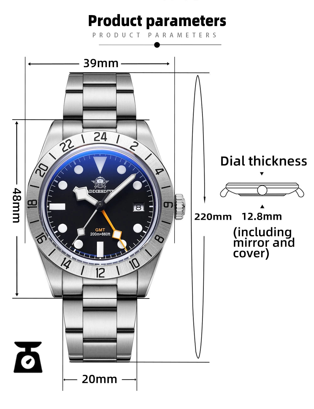 ADDIESDIVE Neue Luxus-Herrenuhr 200 wasserdichte Edelstahl-Quarzuhr BGW9 Super Blue Leucht-GMT-Edelstahluhr