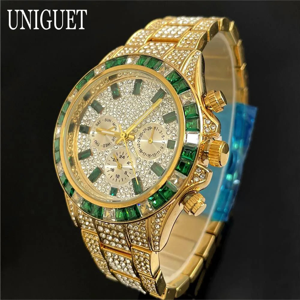 Hot Fashion Green Watches Men Brand UNIGUET Luxury Stainless Steel Hip Hop Rainbow Diamond Quartz Wristwatch Male Dropshipping ﻿