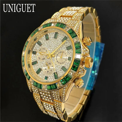 Hot Fashion Green Watches Men Brand UNIGUET Luxury Stainless Steel Hip Hop Rainbow Diamond Quartz Wristwatch Male Dropshipping ﻿