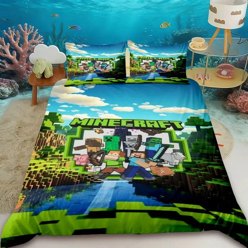 Cartoon Children Duvet Cover Minecraft Cartoon Quilt Cover Bedding Set Queen King Full Size with 1/2 Pillowcase Bedroom