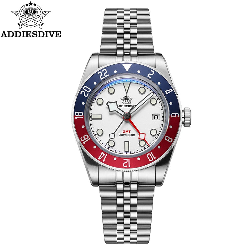 ADDIESDIVE Luxury GMT Men's Diving Watch 200m Waterproof Bubble Mirror Glass Quartz Watch BGW9 Blue Luminous Sports Watch AD2044