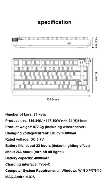 AULA AU75 E-Sports-Gaming-Mechanische Tastatur, Drei Modi, 81 Tasten, PBT-Tastenkappen, Hot-Swap-fähig, RGB, kabellose Tastatur für PC-Desktop und Tippen