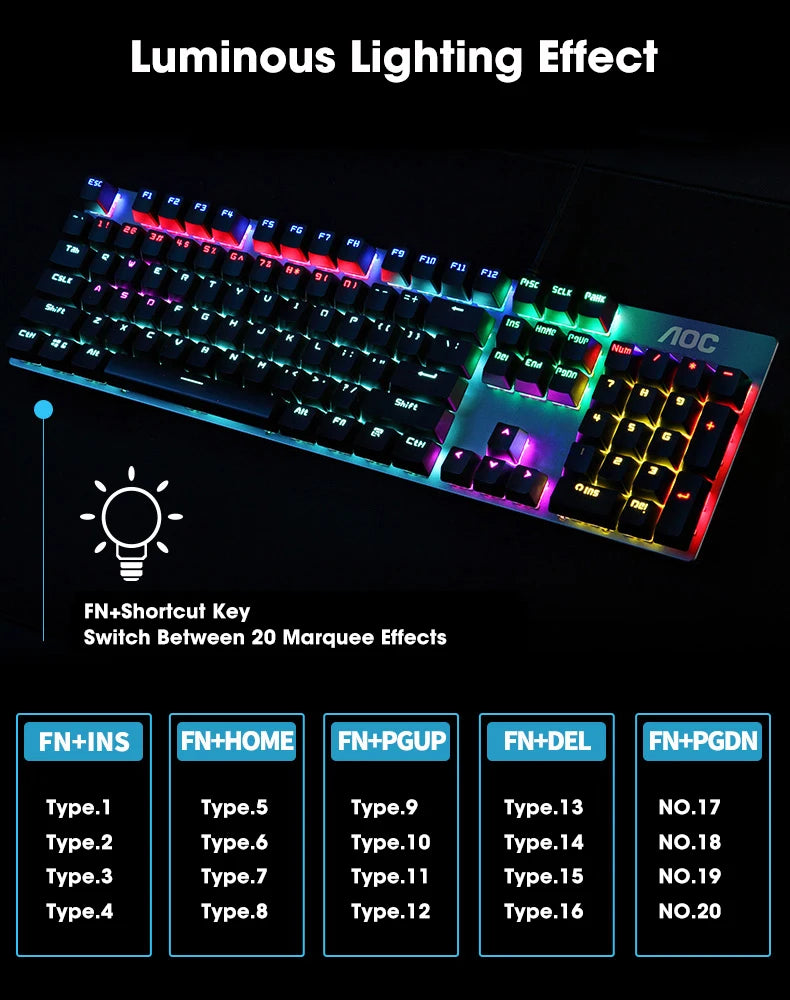 GK410 104 Keys Metal Panel Mechanical Keyboard RGB Light Green Black Tea Axis Esports Full Non-Impact Game Computer Keyboard