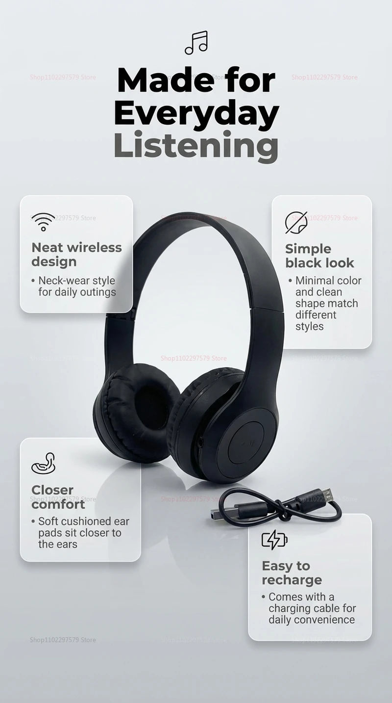 High Fidelity Bluetooth Wireless Headset, Clear Stereo Sound Over Ear Headphones with Built-in HD Mic, Stable Connection